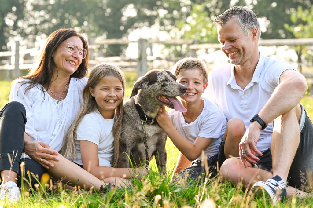 Familie mit Hund auf einer Wiese, Lotta & Anton Familienfotografie